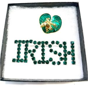 Vintage IRISH Bling Brooch and Frog on Green Lily Pad two brooch bundle